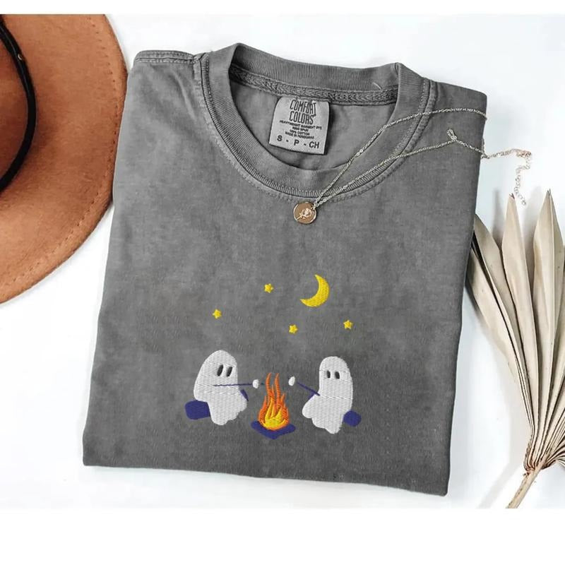 Embroidered Cute Ghosts Camping Sweatshirt, Embroidered Halloween Ghost T-Shirt, Spooky Season Shirt, Camping Ghosts Shirt