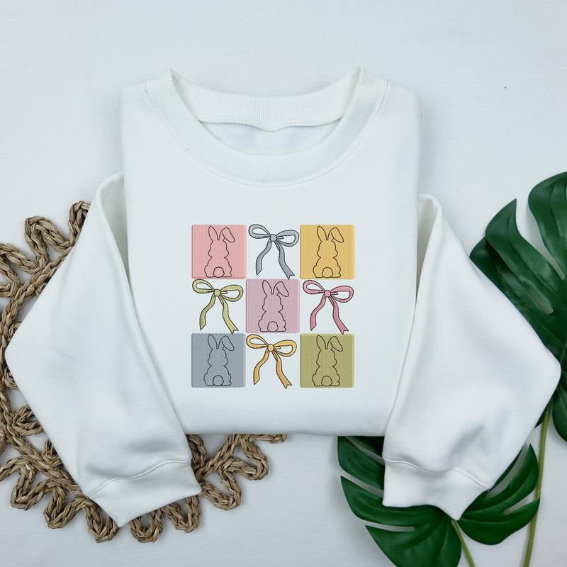 Embroidered Easter Bow Sweatshirt, Trendy Coquette Easter Sweatshirt, Women's Easter Bunny Crewneck, Cute Spring Rabbit Sweater