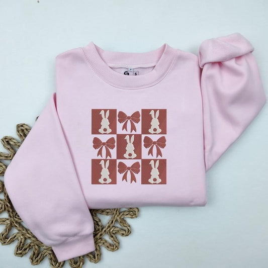 Embroidered Easter Bow Sweatshirt, Trendy Coquette Easter Sweatshirt, Women's Easter Bunny Crewneck, Cute Spring Rabbit Sweaterstyle{n002}2