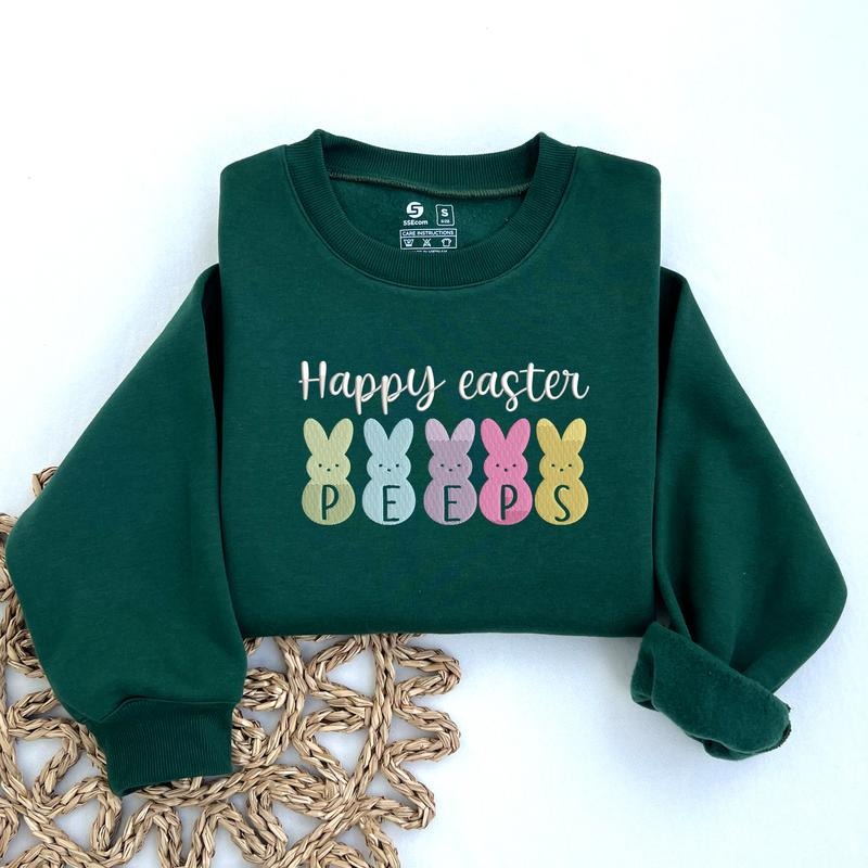 Embroidered Easter Bunny Peeps Sweatshirt, Trendy Happy Easter Peeps Sweatshirt, Women's Easter Rabbit Crewneck, Cute Spring Bunny Sweater