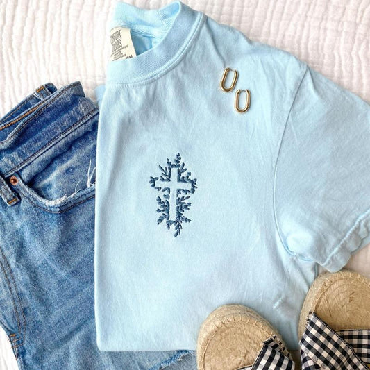 Embroidered Floral Cross Comfort Colors T-Shirt | Faith Based Christian T-Shirt | Easter | Religious Top | Jesus T-Shirt | QUICK SHIP