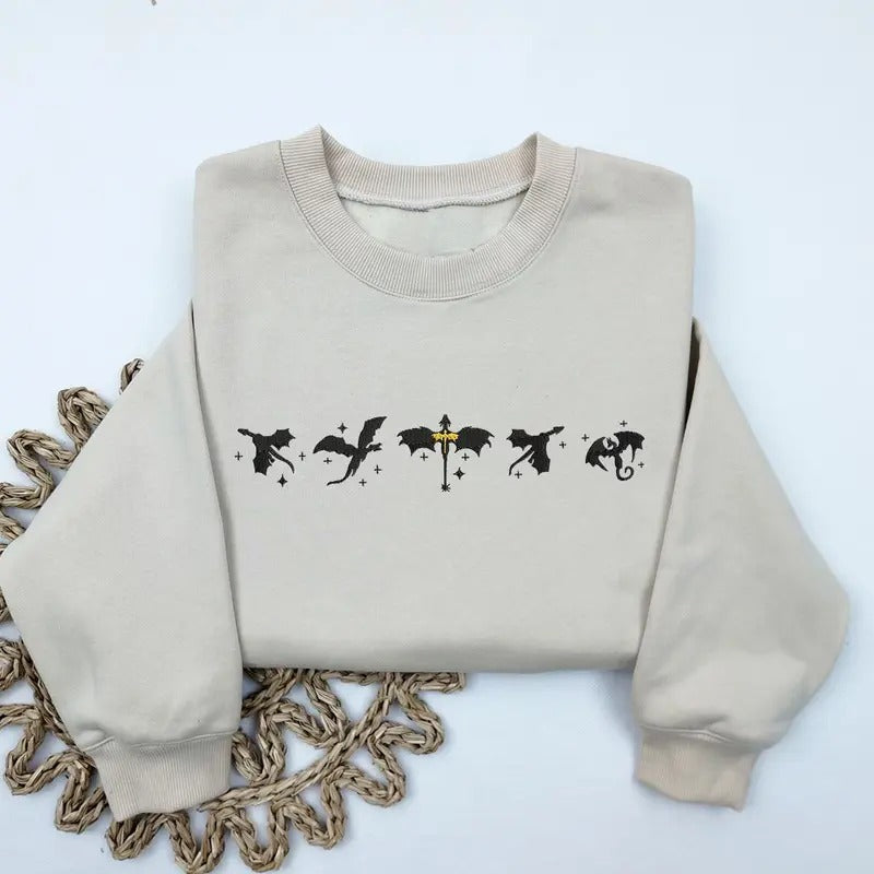 Embroidered Fourth Wing Sweatshirt, Basgiath War College Embroidered Sweatshirt, Fantasy Book Dragon Crewneck Sweaterstyle{n002}2