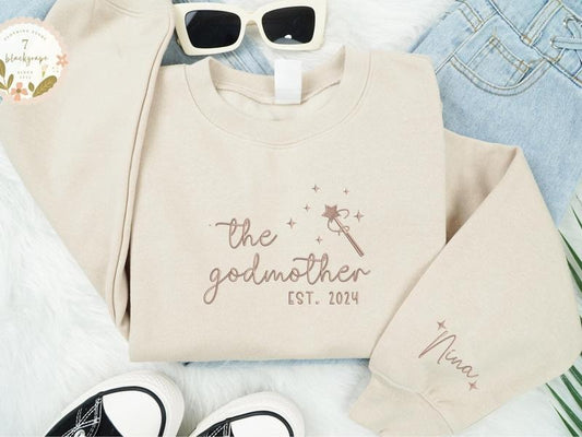 Embroidered Godmother With Kid Names Sweatshirt, God Mother Est Sweatshirt, Godmother Proposal Crewneck