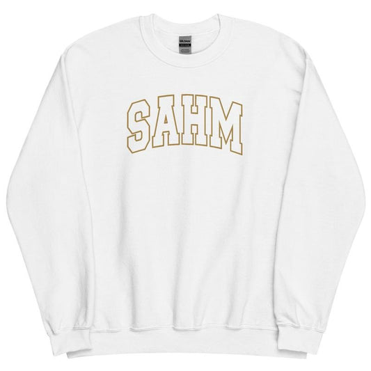 Embroidered Gold Thread SAHM Varsity Sweatshirt - Sweatshirt Unisex Apparel Relaxed Fit Printed in the USA Clothing Womenswear Casual and Comfortable