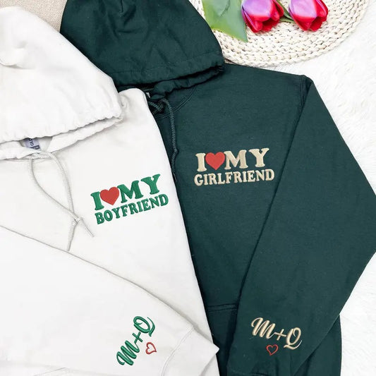 Embroidered I Love My Girlfriend Hoodie Sweatshirt, Couple Matching Hoodie, Personalized Couple Sweatshirts Name,Valentines Gift For Him Her