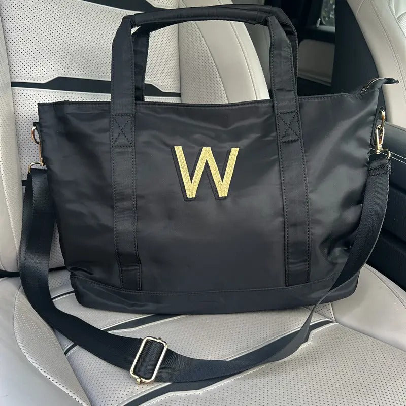 Embroidered Initial Black & Gold Tote Bag