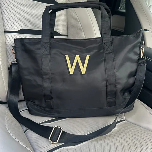 Embroidered Initial Black & Gold Tote Bag