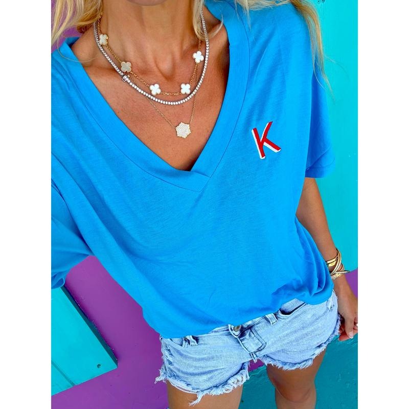 Embroidered Initial Blue V-Neck Tee