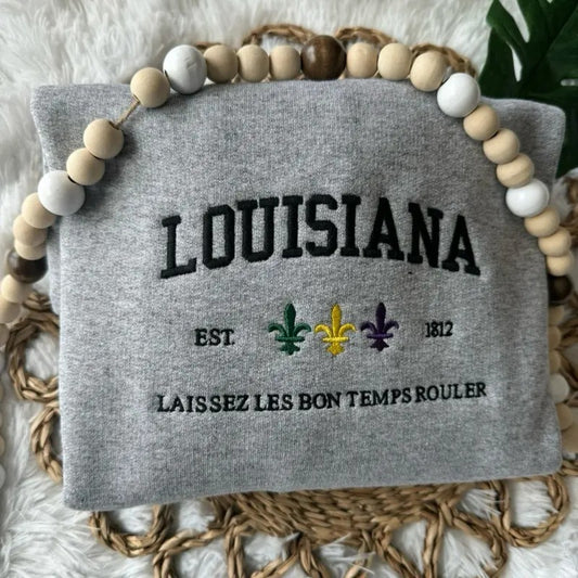 Embroidered Louisiana Sweatshirt, Mardi Gras Pullover, Louisiana Crewneck T-Shirts, Hoodie | WearSparks.com