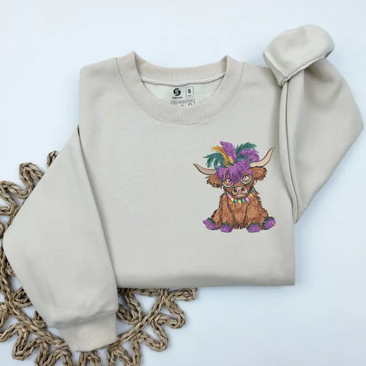 Embroidered Mardi Gras Highland Cow Sweatshirt, Highland Cow Sweater, Howdy Mardi Gras Crewneck, Western Mardi Gras Sweater