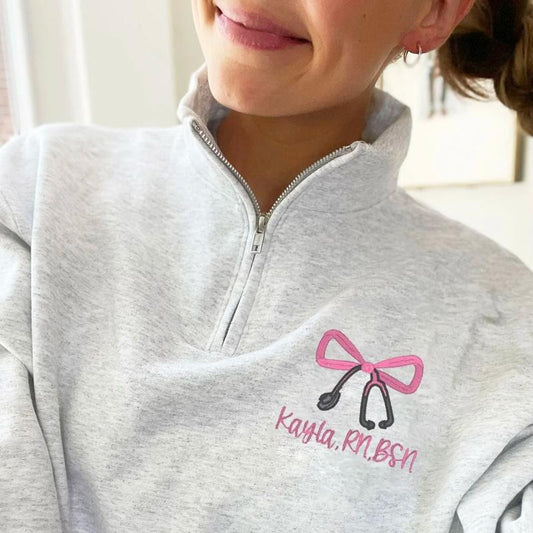 Embroidered Nurse Bow Quarter Zip Sweatshirt, Nurse Quarter Zip Sweater, Coquette Nurse Embroidered Shirt, Nurse Coquette Quarter Zip Sweatshirt