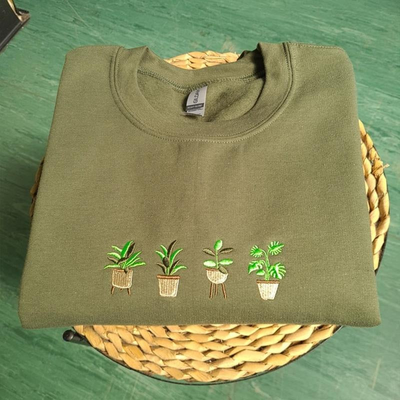 Embroidered Plant Sweatshirt, Plant Lover Gift, Plant Pots Nature Crewneck, Gardening Crewneck, Gardener Gift, Plant Pot Sweatshirt
