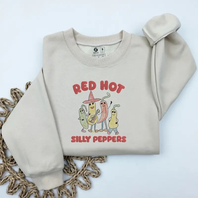 Embroidered Red Hot Silly Peppers Sweatshirt, Cute Chilli Music Band Sweatshirt
