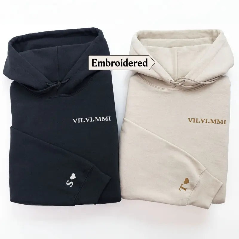 Embroidered Roman Numeral Valentine's Day Hoodie, Personalized Date Sweatshirt, Matching Couple Hoodies, Romantic Valentine's Sweatshirts