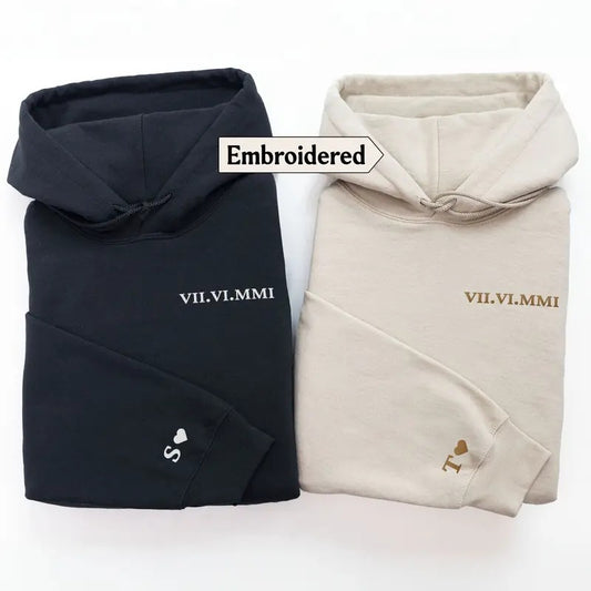 Embroidered Roman Numeral Valentine's Day Hoodie, Personalized Date Sweatshirt, Matching Couple Hoodies, Romantic Valentine's Sweatshirts