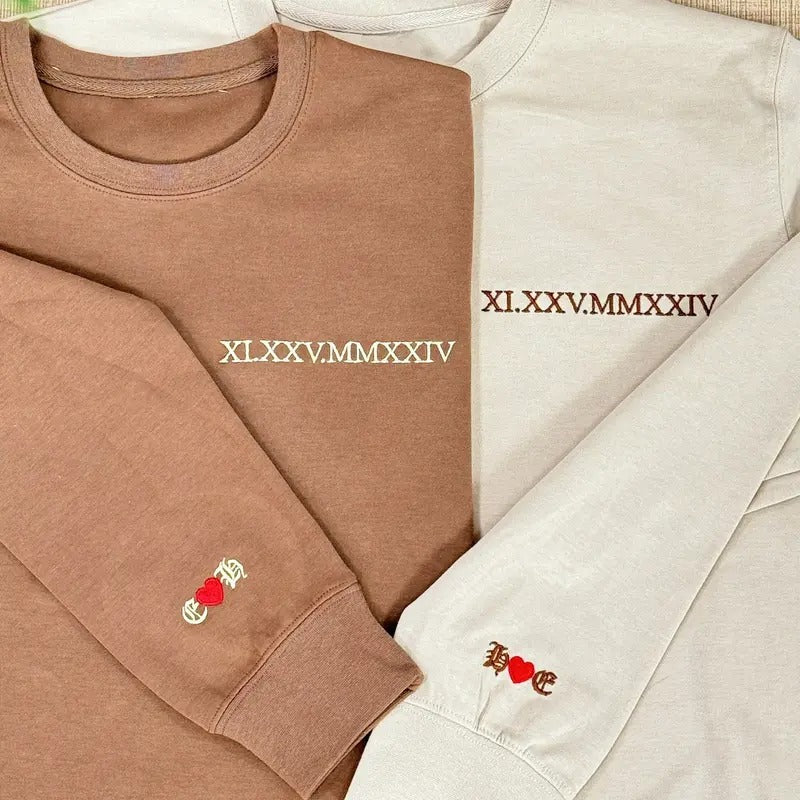 Embroidered Roman Numerals Hoodie, Valentines Date Couple Sweatshirt, Personalized Valentines Day Gift