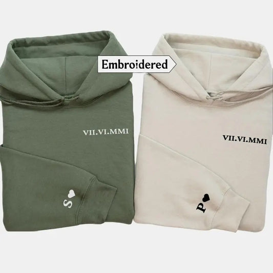 Embroidered Roman numeral hoodie, Personalized Date Roman numeral sweatshirt, Couples matching hoodies, Matching sweatshirts for couples
