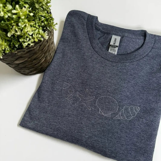 Embroidered Seashell Beach Tshirt, Embroidered Sunshine tshirt, Embroidered Summer Tshirt, Embroidered Trendy Beach Top...