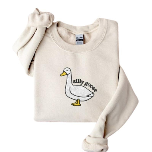Embroidered Silly Goose Sweatshirt, Embroidered Goose Crewneck Sweater, Funny Embroidered Sweatshirt