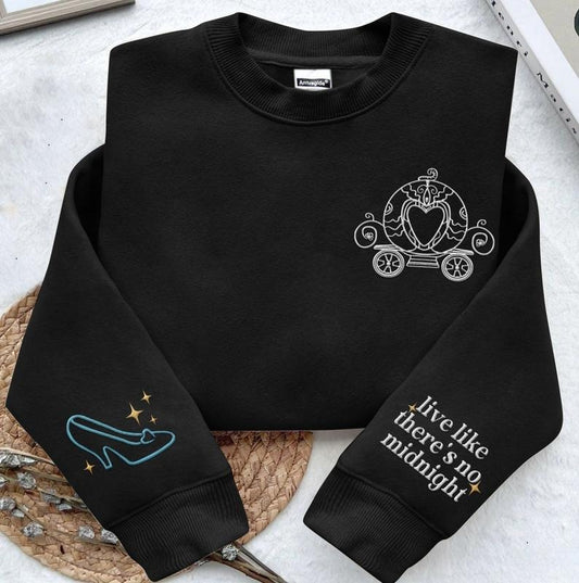Embroidered Sleeve Cinderella Glass Slipper Pumpkin Carriage Sweatshirt, Live Like There's No Midnight, Princess Embroidery Sweater