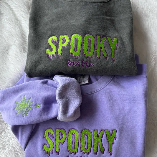 Embroidered Spooky Season LONG SLEEVE SHIRT, Halloween Shirt, Embroidered Sleeve Hoodie, Sweatshirt | WearSparks.com