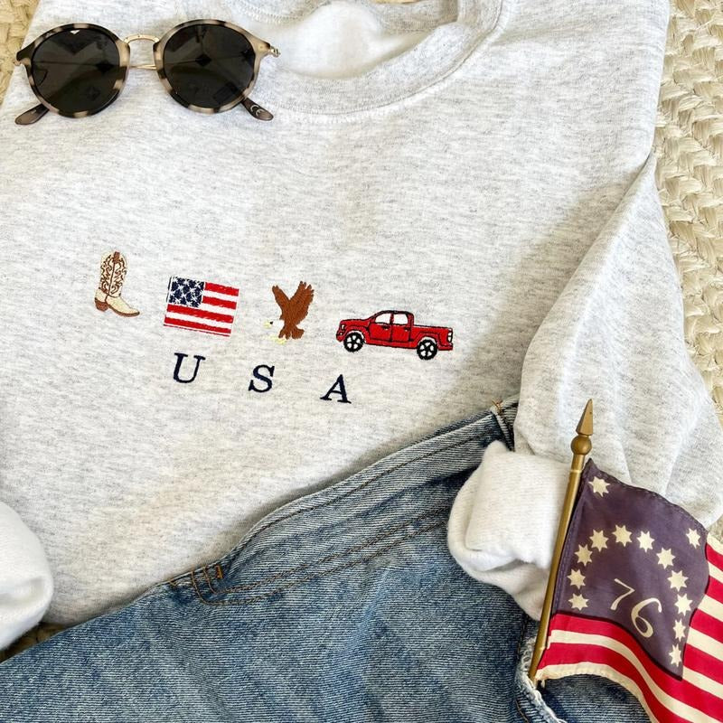 Embroidered USA Symbols Sweatshirt, USA Icons Embroidered T-Shirt, Embroidery American Flag Shirt, Cute 4th Of July Shirt