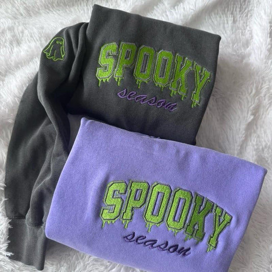 Embroidered Varsity Drippy Sweatshirt, Spooky Season Sweatshirt, Halloween Sweatshirt, Embroidered Crewneck T-Shirts, Hoodie
