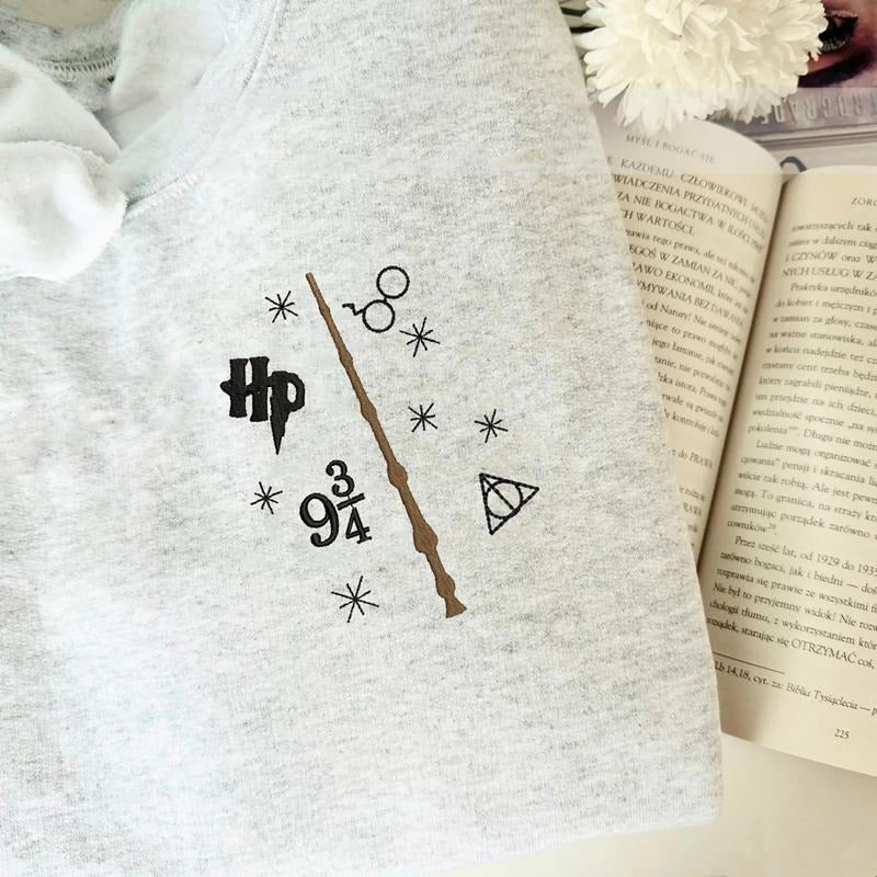 Embroidered Wizard Wand Sweatshirt, HP Inspired T-Shirt, Embroidered Potter Magic Wand Shirt, Gift For Potterhead, HP Fans Gifts