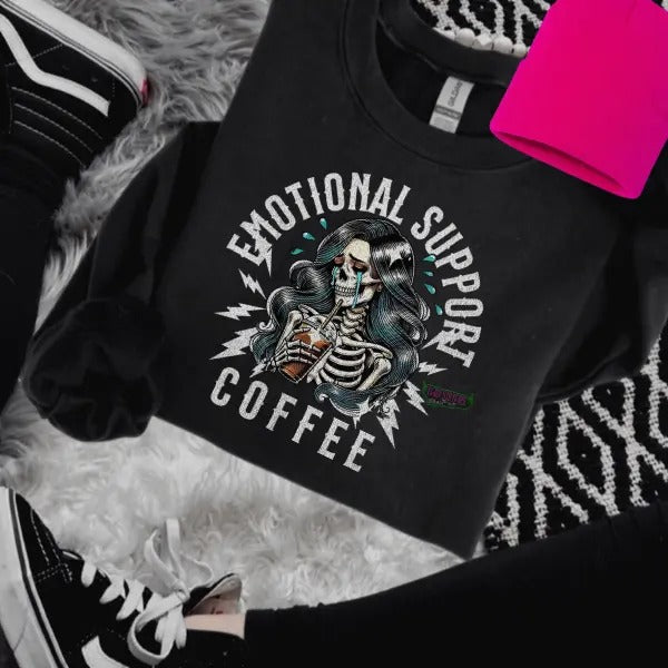 Emotional Support Coffee Skeleton Black Crewneck Sweatshirt for Women Casual Graphic Skull Grunge Goth Comfortable Cotton Fit Streetwear Tops