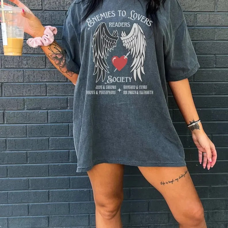 Enemies To Lovers Society t-Shirt, Bookish Shirt, Bookworm Dark Academia TShirt, Dark Romance Tshirt,Smut Reader Book Club Gift, Womenswear Shortsleeve Crewneck Cotton Casual Top Fit