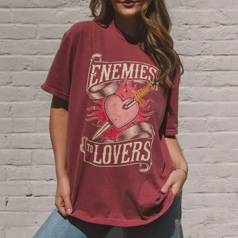 Enemies to Lovers Graphic Tee, Womenswear Shortsleeve Crewneck Cotton Casual Top Fit