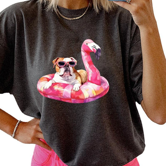 English Bulldog Flamingo Float Dog Shirt ~ Unisex Apparel Relaxed Fit Printed In The USA Clothing Womenswear Casual Comfort Cotton Top Athletic Boho Chic