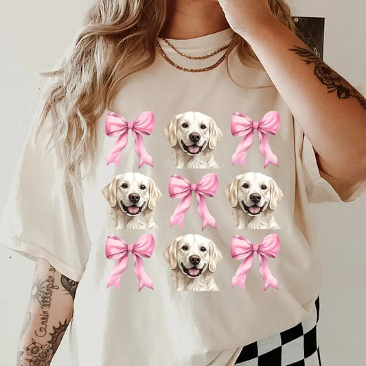 English Creme Golden Retriever with bows Shirt ~ Unisex Apparel Relaxed Fit Printed In The USA Clothing Womenswear Comfort Cotton Top Athletic