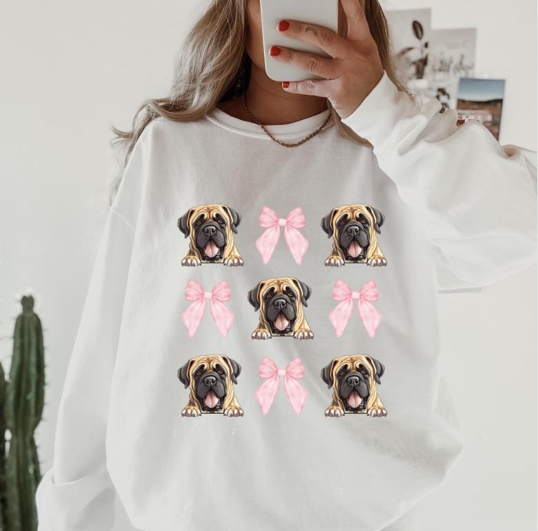 English Mastiff with Bows Sweatshirt ~ Sweatshirt Unisex Apparel Relaxed Fit Printed in the USA Clothing Womenswear Casual and Comfortable