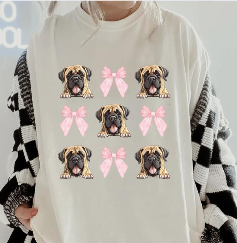 English Mastiff with bows Shirt ~ Unisex Apparel Relaxed Fit Printed In The USA Clothing Womenswear Casual Comfort Cotton Top Athletic Boho Chic