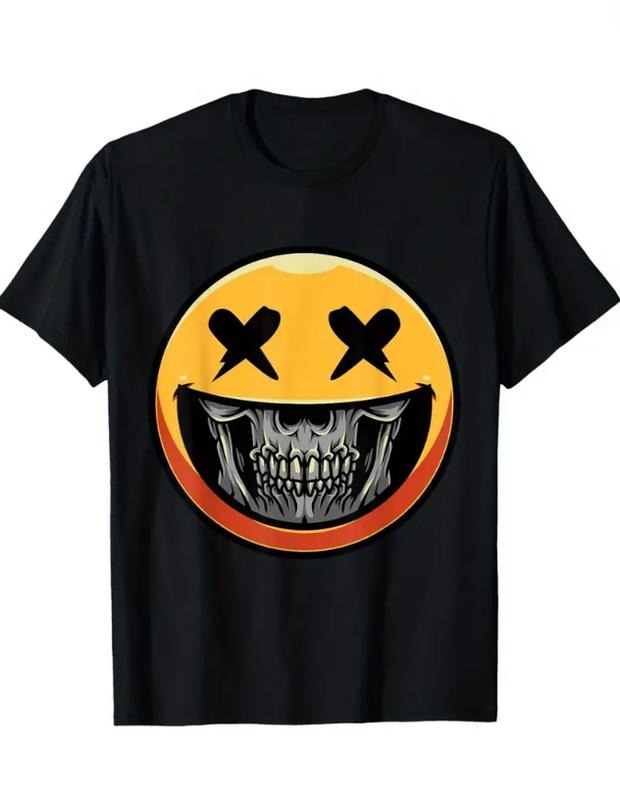 Epic Skull Face Graphic Tee, Bold Yellow Skull Emoji, Edgy Grunge Style T-Shirt, Trendy Unisex Casual Wear, Menswear Womenswear Top
