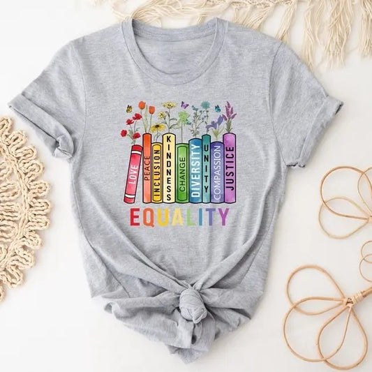 Equal Rights Tshirt, Book Flower Shirt, Social Justice T-Shirt, Equality Peace Love Kindness Shirt, Feminist Women Rights Top Womenswear Summer