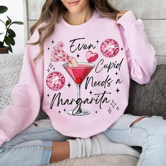 Even Cupid Needs a Margarita Sweatshirt, Retro Disco Ball Valentine's T-Shirt, Funny Trendy V-Day Crewneck, Popular Valentine's Day Clothing