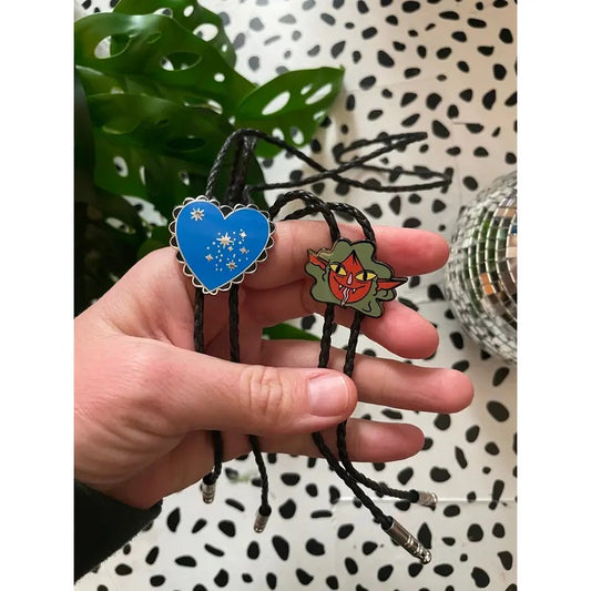 Even Goblins get the Blues Holiday Bolo Set with Blue Heart and Red and Green Orc, jewelry necklace enamel