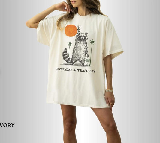 Everyday Is Trash Day Raccoon Shirt, Retro Sunset Tee, Cool Vintage Style Raccoon Shirt, Distressed Style Meme T-Shirt Top Womenswear