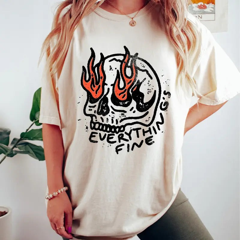 Everything Is Fine Skeleton Vintage Shirt, Funny Skeleton Shirt, It's Fine I'm Fine Everything Is Fine Shirt, Fire Skeleton Everything Is Fine Shirt