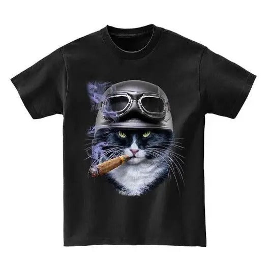 Evil Bicolor Cat in Motorcycle Helmet, Biker - Short Sleeve Unisex, Men Made in USA