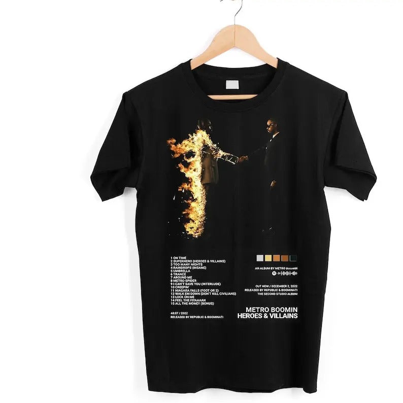 Exclusive Metro BOOMIN aesthetic t-shirt  heroes and villains graphic t-shirt  producer metro t-shirt  metro album merch tee