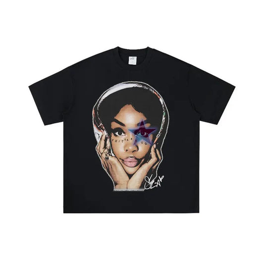 Express Your Edge with SZA Blue Star Big Face Graphic Rap Tee