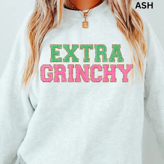 Extra Grinchy Faux Sparkle Sweatshirt Christmas Winter Graphic  Cotton Polyester Oversized sweatshirt - Comfort Crewneck Comfortable