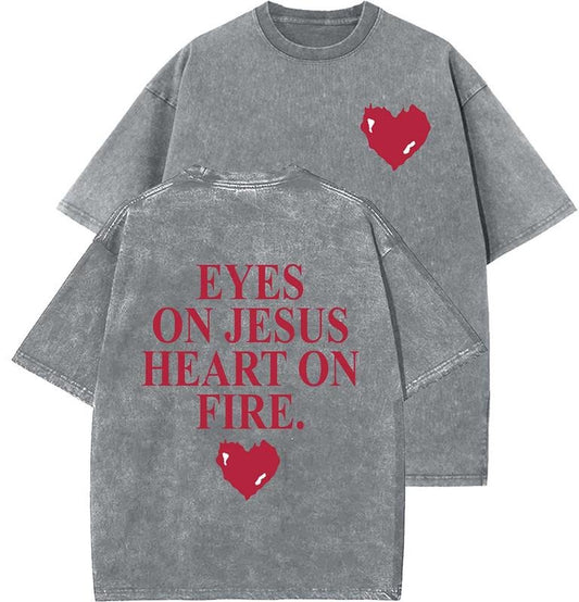 Eyes On Jesus Heart On Fire Unisex Washed T-Shirt, Christian t shirts, Vintage 90s Graphic Tee, Gift Top Womenswear Cotton Mineral Color