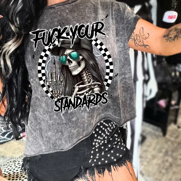 F Your Standards  -  Light Grey Mineral Wash Shirt | Punk, Alt, Grunge, Goth, Skeleton Style