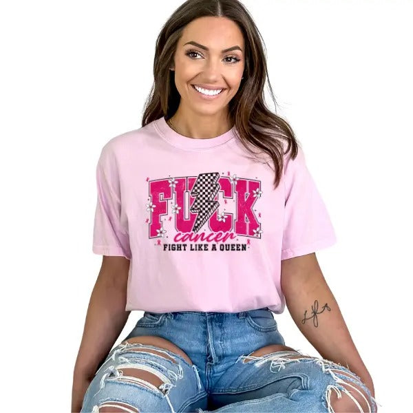 F7ck Cancer, Fight Like a Queen - Pink T-Shirt with Oversized Retro Vibes Graphic, Checkered Lightning Bolt, & Bright Colors | Breast Cancer Awareness | Unisex Fit Sizes Small to 5XL | October is Breast Cancer Awareness Month | Show Support & Empowerment