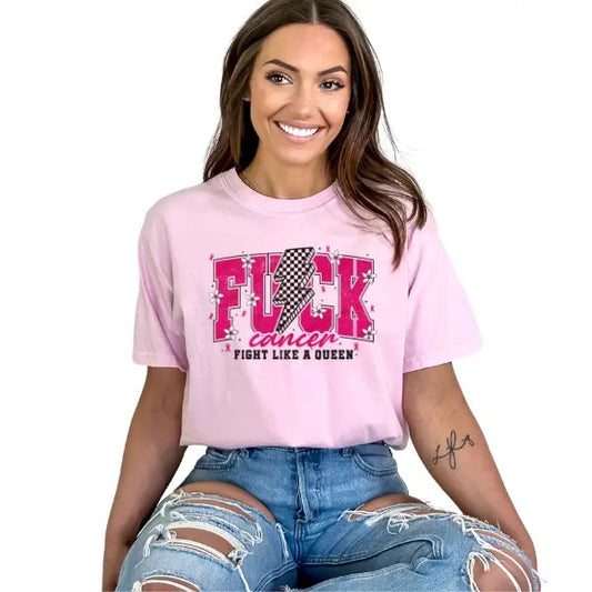 F7ck Cancer, Fight Like a Queen - Pink T-Shirt with Oversized Retro Vibes Graphic, Checkered Lightning Bolt, & Bright Colors | Breast Cancer Awareness | Unisex Fit Sizes Small to 5XL | October is Breast Cancer Awareness Month | Show Support & Empowerment