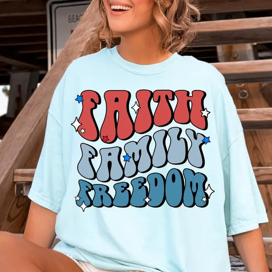 FAITH FAMILY FRIENDS SHIRT, 4TH OF JULY MEN SHIRT, UNISEX COTTON SHIRT, OVERSIZED HOLIDAY SUMMER SHIRT Comfort Fabric Top Womenswear Women Tshirt